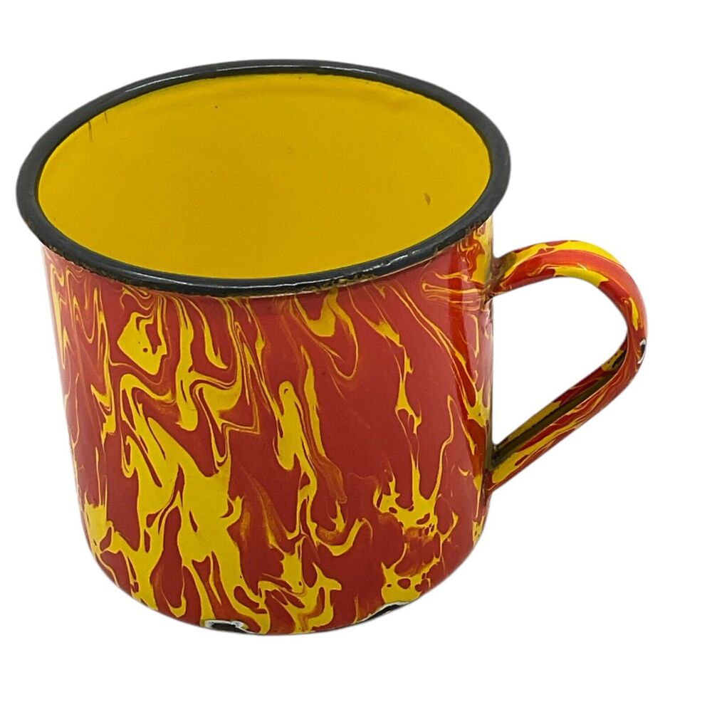 Orange Yellow Swirl Splatterware Graniteware Coffee Cup Enamel Mug Retro Kitchen
